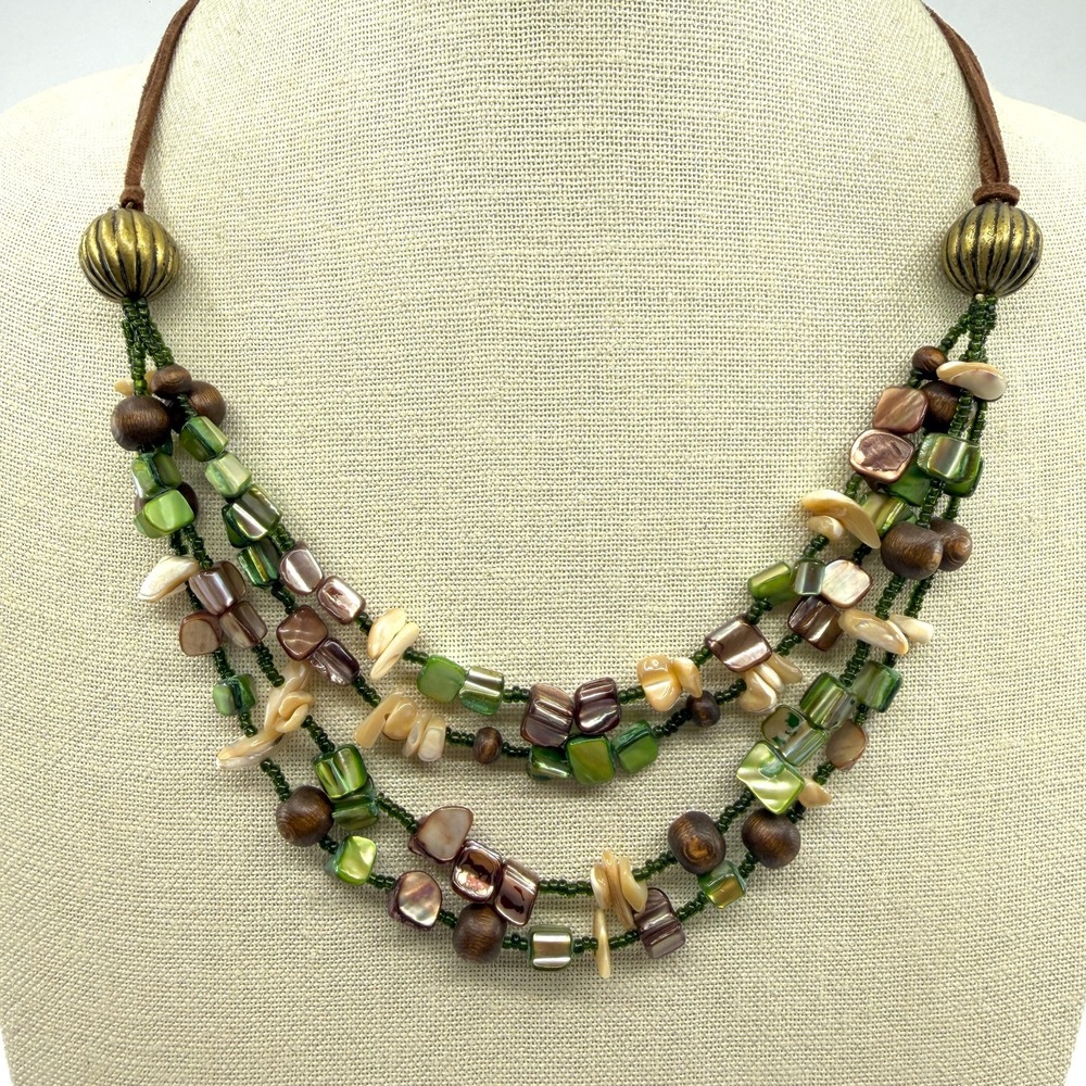 Boho Multi-Strand Earthy Shell Necklace Festival Statement Layered Wooden Bead
